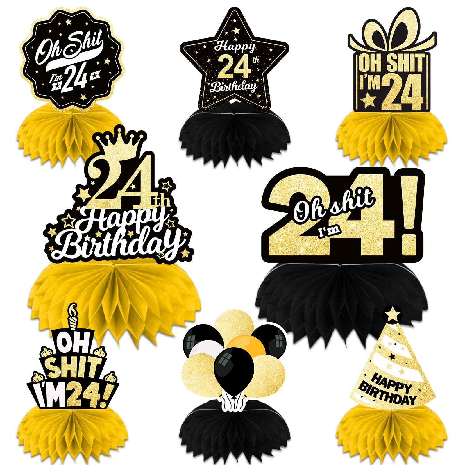 Oh S*it I’m 24 Happy 24th Birthday Honeycomb Centerpieces Balloons Confetti Theme Table Toppers Hello 24 Table Decorations Funny Birthday Decor