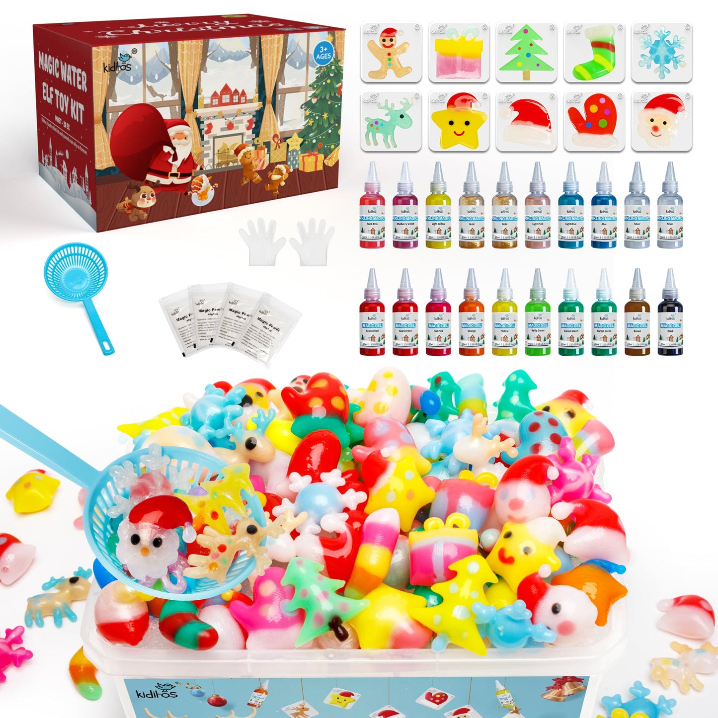 Kiditos Christmas Magic Water Elf Toy Kit, Magic Gel Water Pets with 20 Gels &10 Molds, DIY Squishy Maker Set, Christmas Gifts, Birthday Gifts, Party