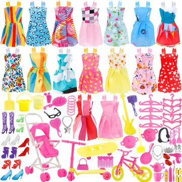 JANYUN Total 114pcs -16 Pack Doll Clothes Party Gown Outfits Set for Doll+ 98pcs Girl Dolls Dresses Accessories Shoes Bags Necklace Mirror Hanger