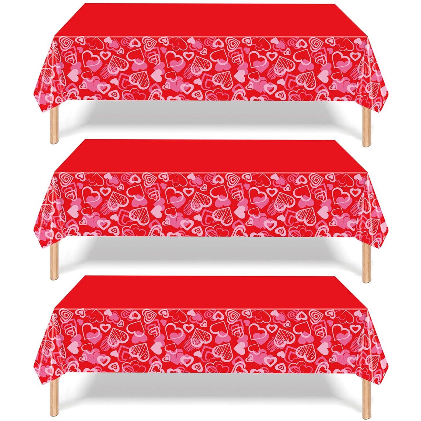 Herytem 3-Piece 54 x 108 Inch Valentine’s Day Plastic Tablecloth - Red Heart Disposable Rectangle Table Covers for Romantic Party, Love Decorations