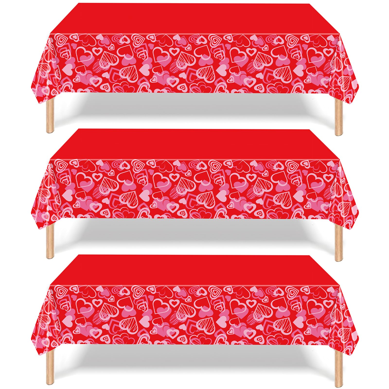 Herytem 3-Piece 54 x 108 Inch Valentine’s Day Plastic Tablecloth - Red Heart Disposable Rectangle Table Covers for Romantic Party, Love Decorations