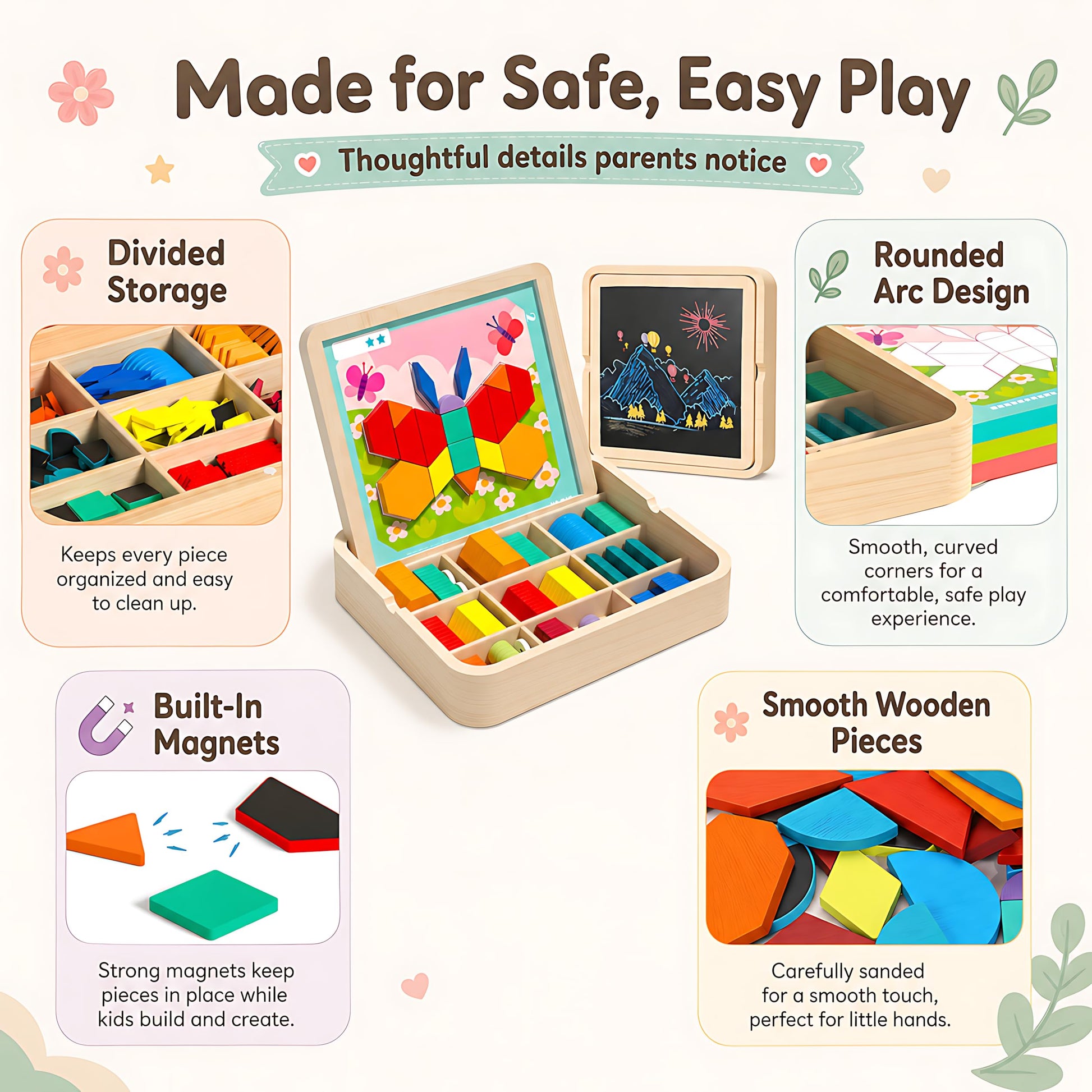 248 Pcs Wooden Magnetic Pattern Block Set with Cards, Pen & Storage Bag, Montessori STEM Tangram Puzzle Toys for Toddlers 4 5 6 7 8, Educational Brain