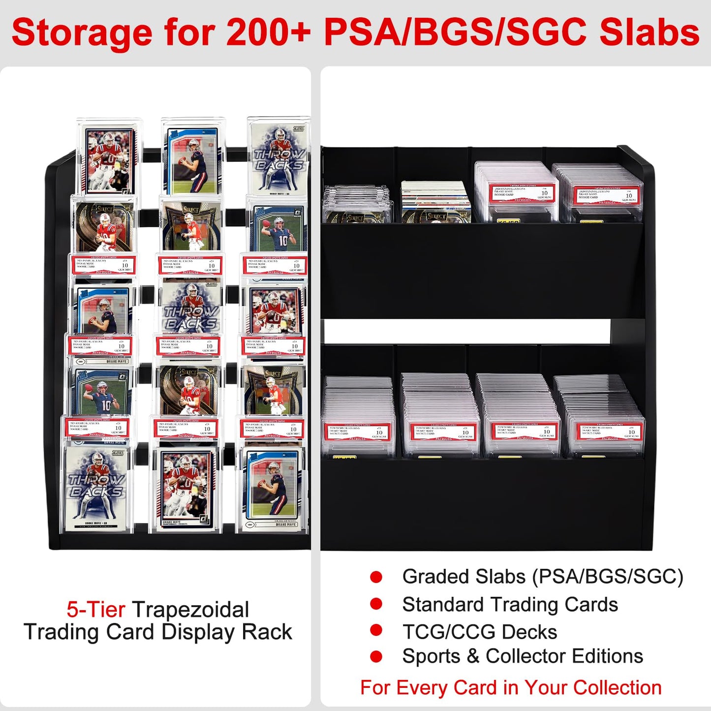 5-Tier Trading Card Display Case Stand- Holds Up to 200 Cards,Wood Sports Graded Card Display,Card Stand for Sports Baseball Cards,Card Game