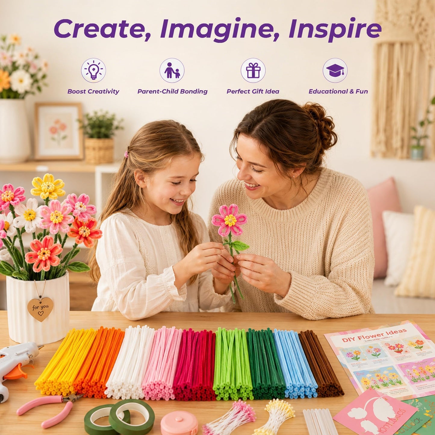 Complete Pipe Cleaner Flower Kit: 1000 Pcs Thick Pipe Cleaners Bulk - 12 Vibrant Colors Pipe Cleaner Craft Set with DIY Tools & 5 Flower Gift Boxes