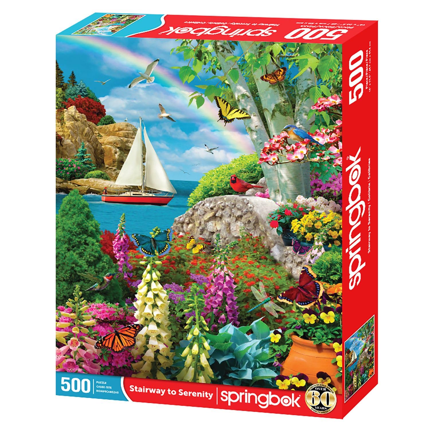 Springbok Stairway to Serenity 500 Piece Jigsaw Puzzle for Adults by Arist Alan Giana - Colorful Garden by The Ocean - Finished Size 23.5" x 18"