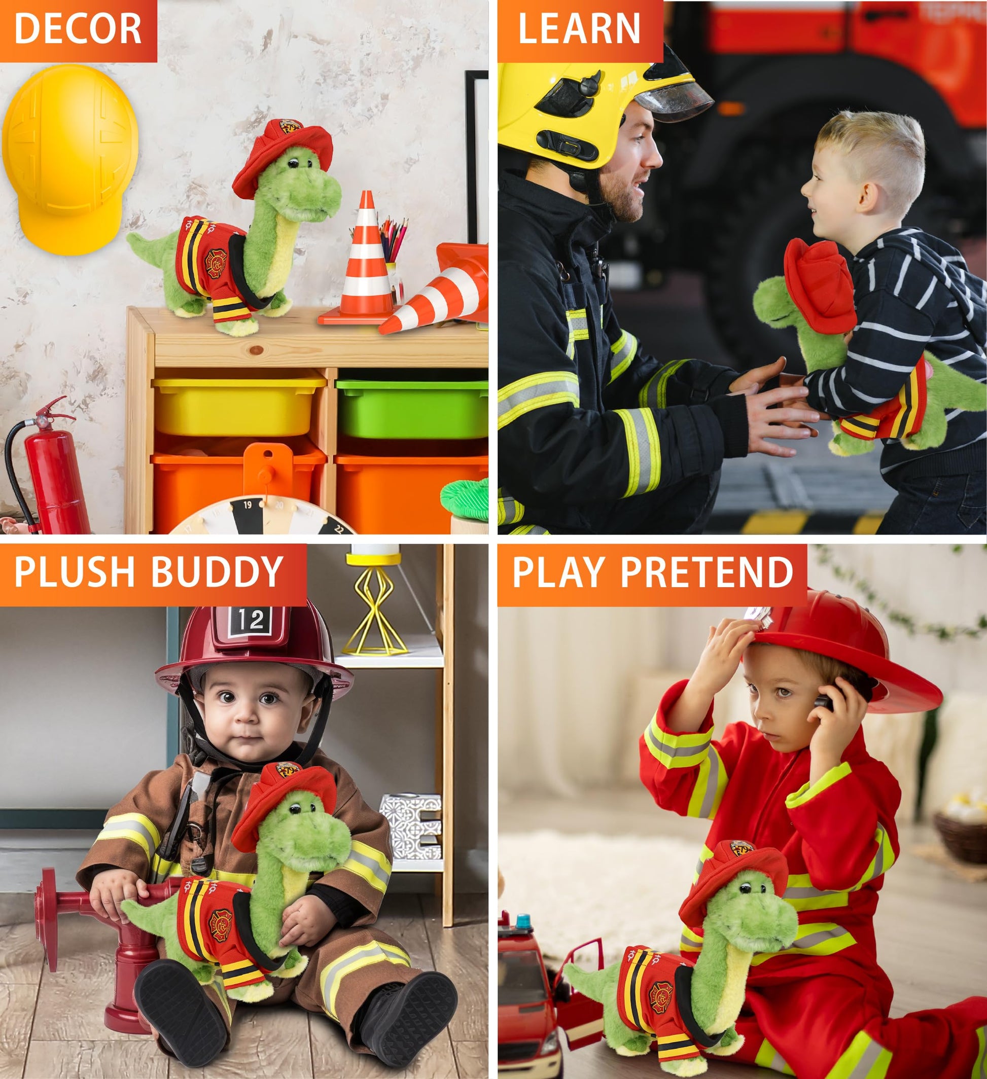 DolliBu Green Dinosaur Firefighter Stuffed Animal with Name Personalization - Super Soft Dinosaur with Red Fireman Costume Outfit and Fireman Hat