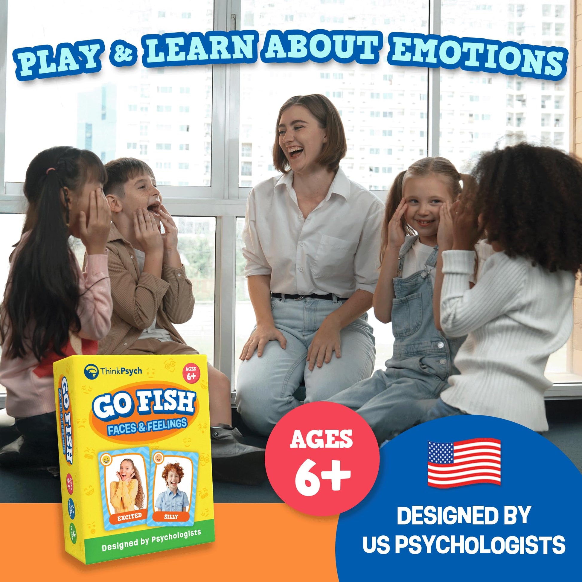 ThinkPsych Go Fish - Faces & Feelings Card Game Social Emotional Learning Game for Kids Ages 6+ | Teaches Emotions Through Play | 2-6 Players | Home