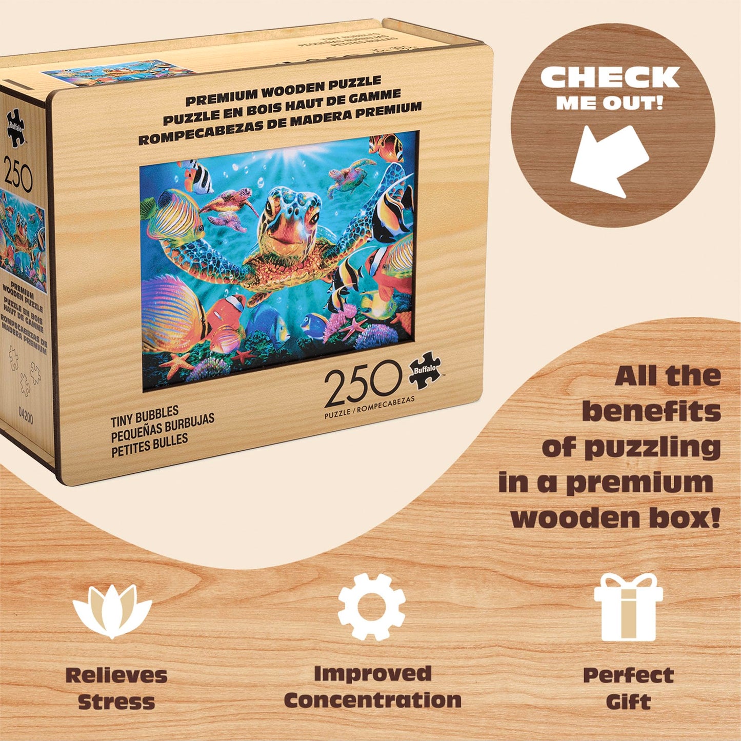 Buffalo Games - 250 Piece Wooden Jigsaw Puzzle - Tiny Bubbles - Standard Cut Pieces - Wooden Box - Full Size Poster, Ages 14+