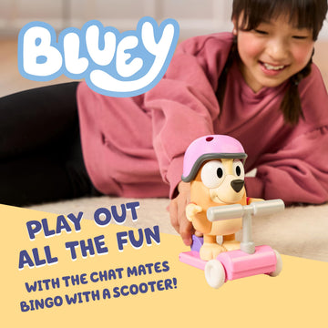 Bluey Chat Mates and Accessory Scooter Bingo Figurine Playset, Articulated, Kids Figurines with 10 Phrases, Interactive Play Figure Toys for Ages 3+