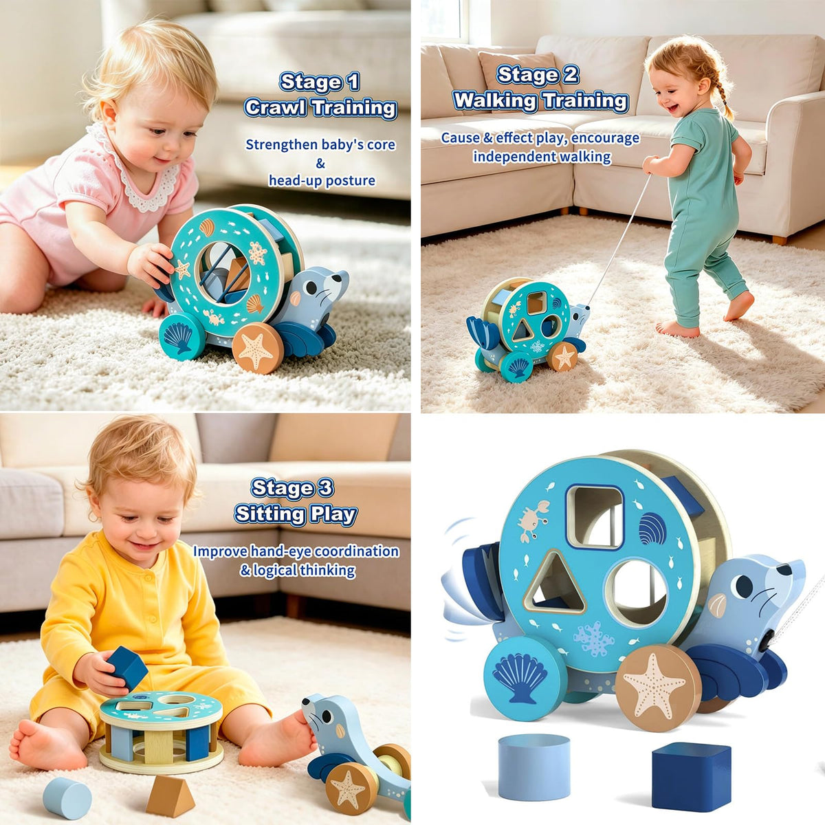 LOVELAND FSC Certified Wooden Pull Toy for Toddlers 1-3, 3-in-1 Seal Shape Sorter & Pull Along Walking Toy Montessori Fine Motor Skills Learning Toy