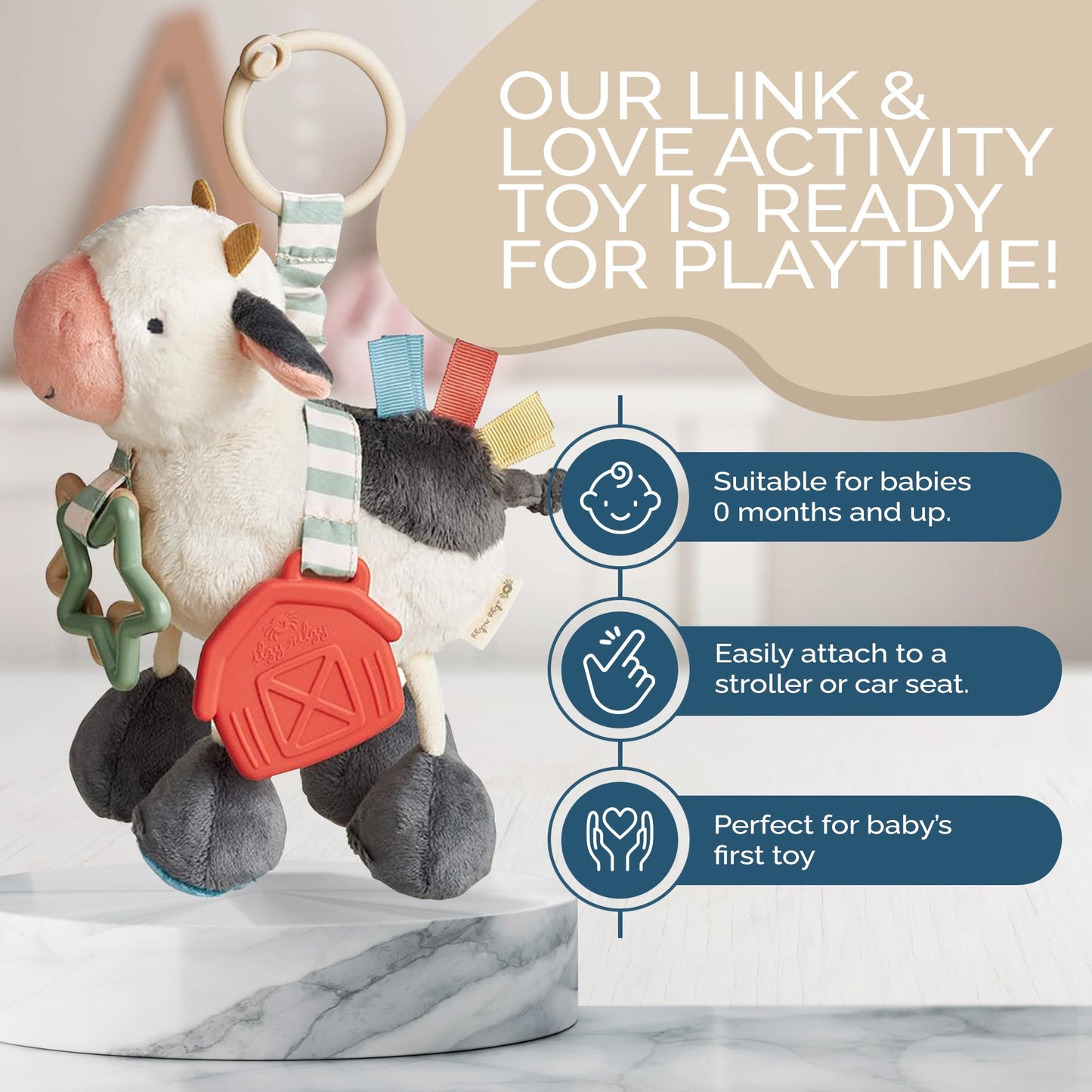 Itzy Ritzy Link & Love Toy for Stroller or Car Seat - Features Textured Ribbons, Crinkle Sounds, Clinking Rings & Silicone Teether - Designed for Ages