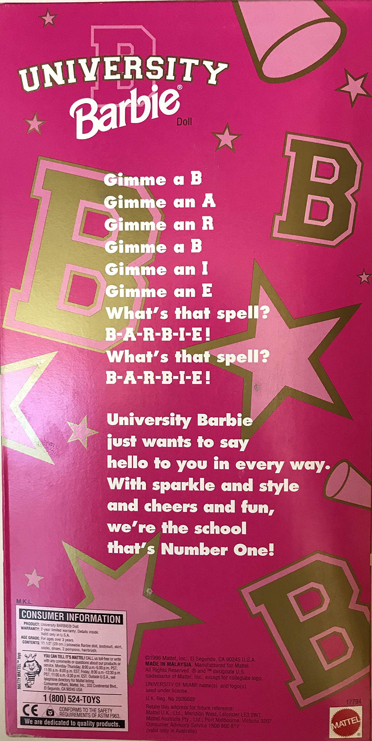 University of Miami Special Edition Cheerleader Barbie Doll