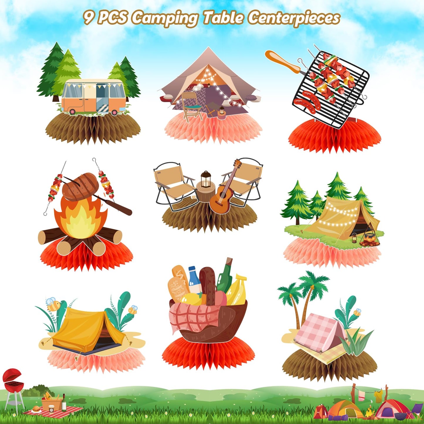 PRATYUS Camping Birthday Decorations, 9 Pcs Camping Party Honeycomb Centerpieces Table Topper Decors for Kids Boys Girls Adventure Theme Baby Shower