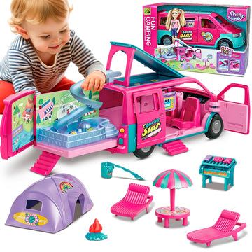 Dollhouse Camping RV Playset for Girls - Kids Camper Van Toy with Slide, Pool, Tent, BBQ Grill & Doll Accessories - Pretend Play Outdoor Adventure Toy