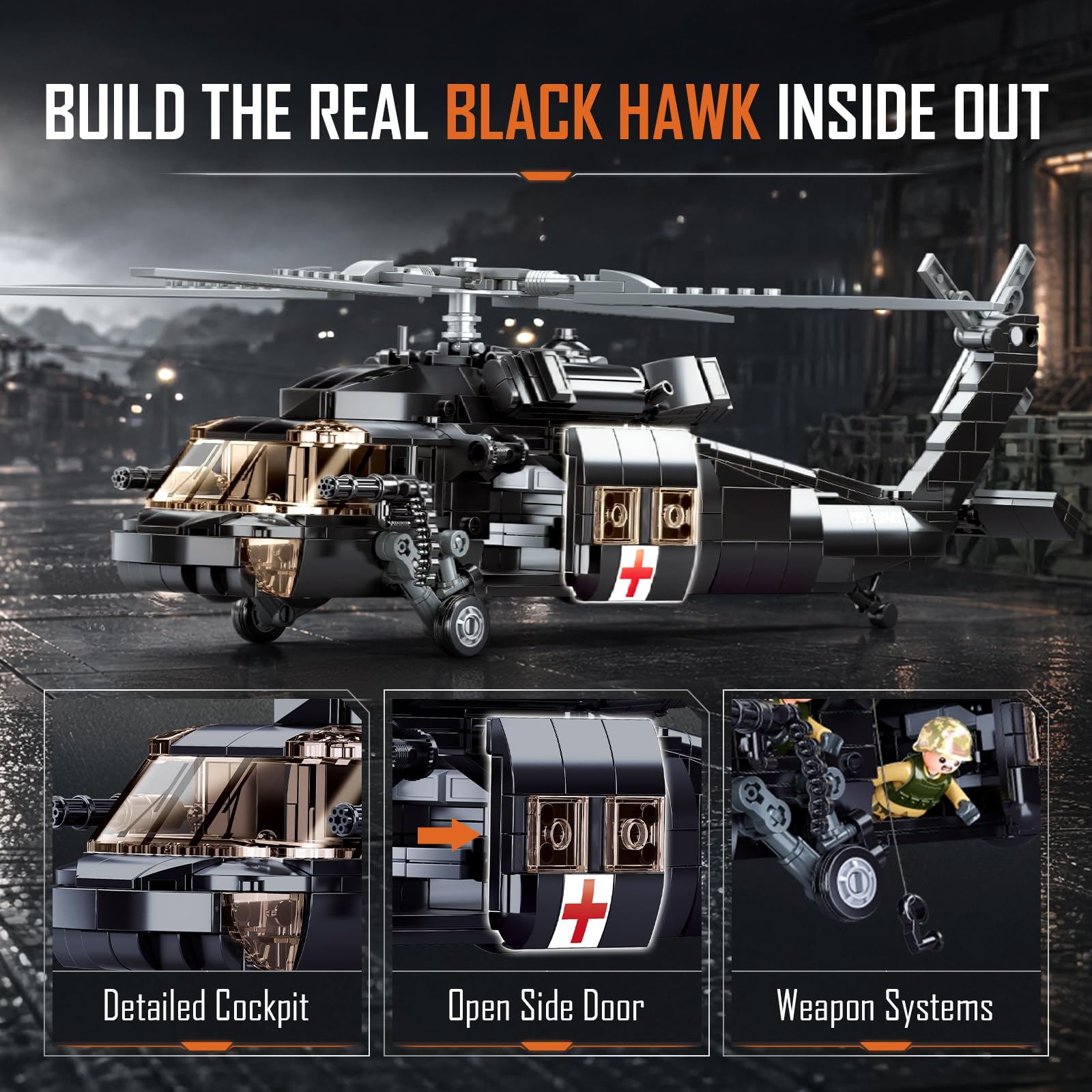 Sluban UH-60 Black Hawk Helicopter Building Set, Military Rescue Helicopter Model, 692-Piece Airplane Building Bricks Compatible with Major Brand