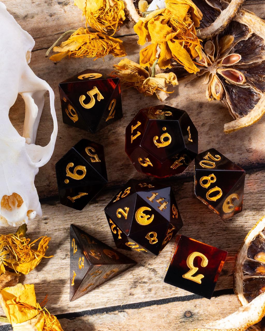 The Crooked Moon Sharp Resin Dice Set - 7-Piece Engraved TTRPG Dice with Golden Moon Design | Premium Polyhedral Dice for Tabletop RPGs & Collectors