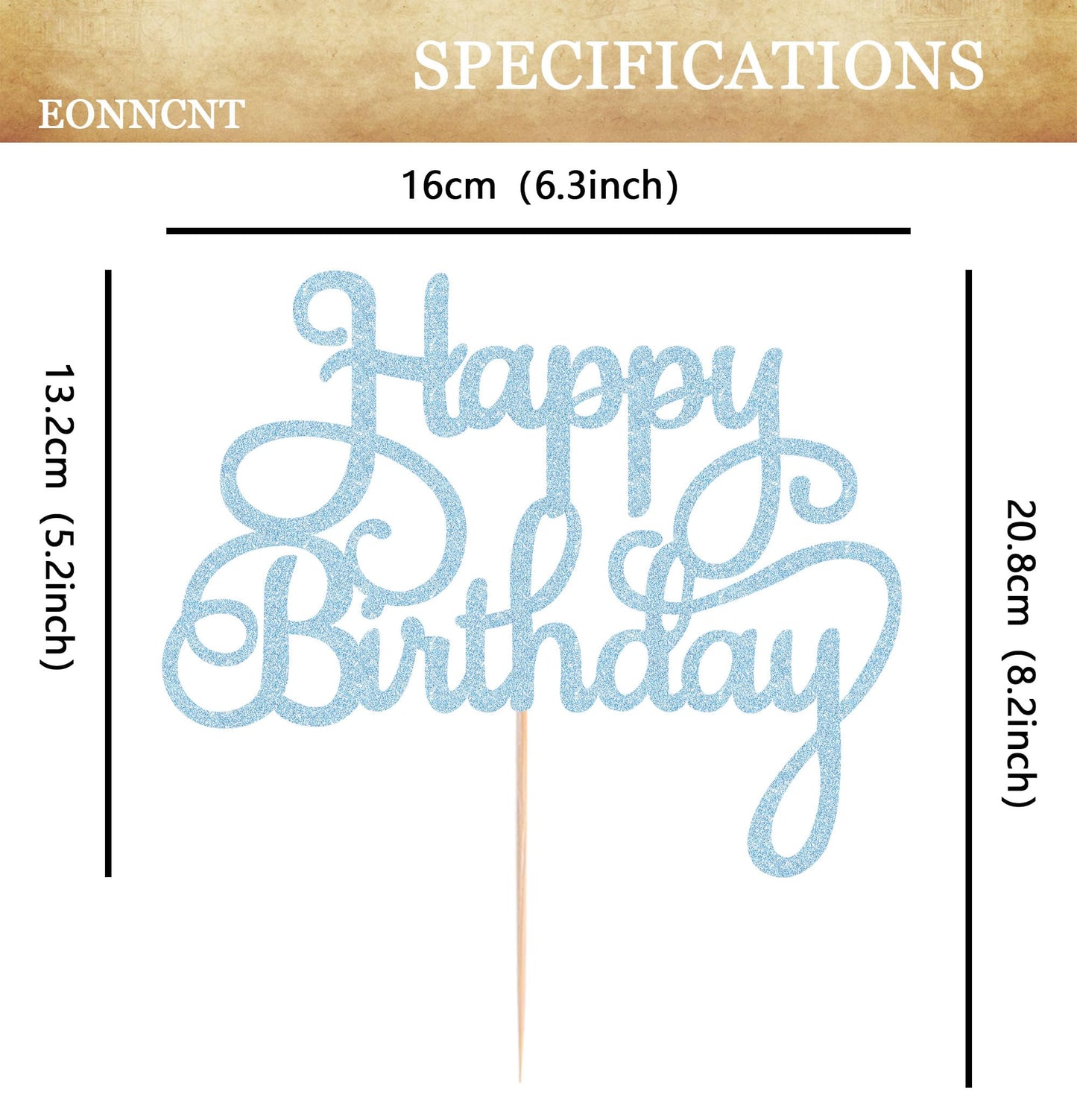 EONNCNT Happy Birthday Cake Topper - Light Blue Glitter Birthday Party Cake Decoration Supplies, Photo Booth Props