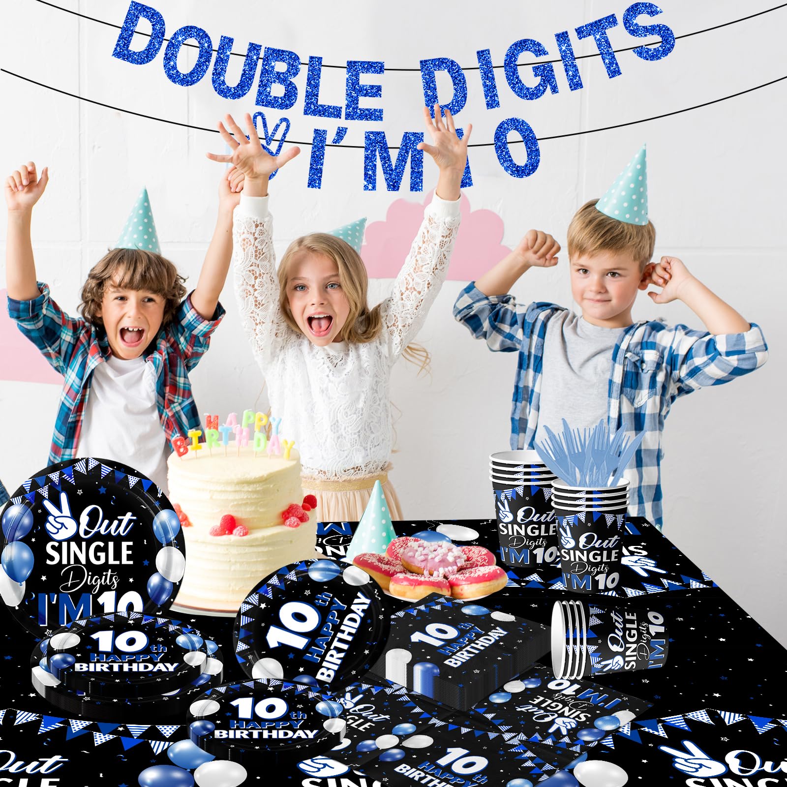 142pcs 10th Birthday Decorations for Boys,10 Year Old Birthday Decorations Tableware Double Digits Birthday Boy Plates and Napkins Cups Tablecloth