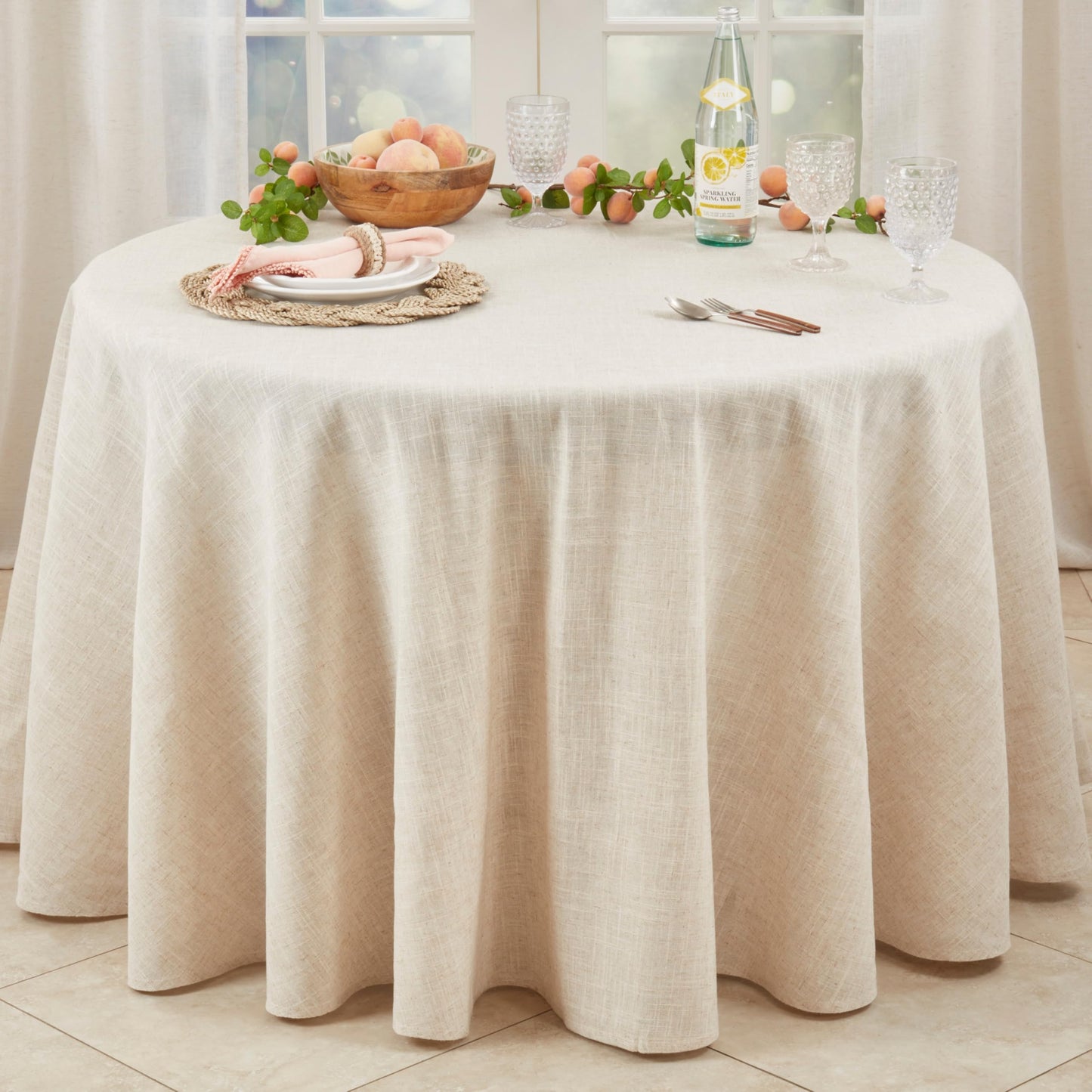 SARO LIFESTYLE Poly and Linen Blend Toscana Tablecloth with Hemstitch Border, Natural, 96"