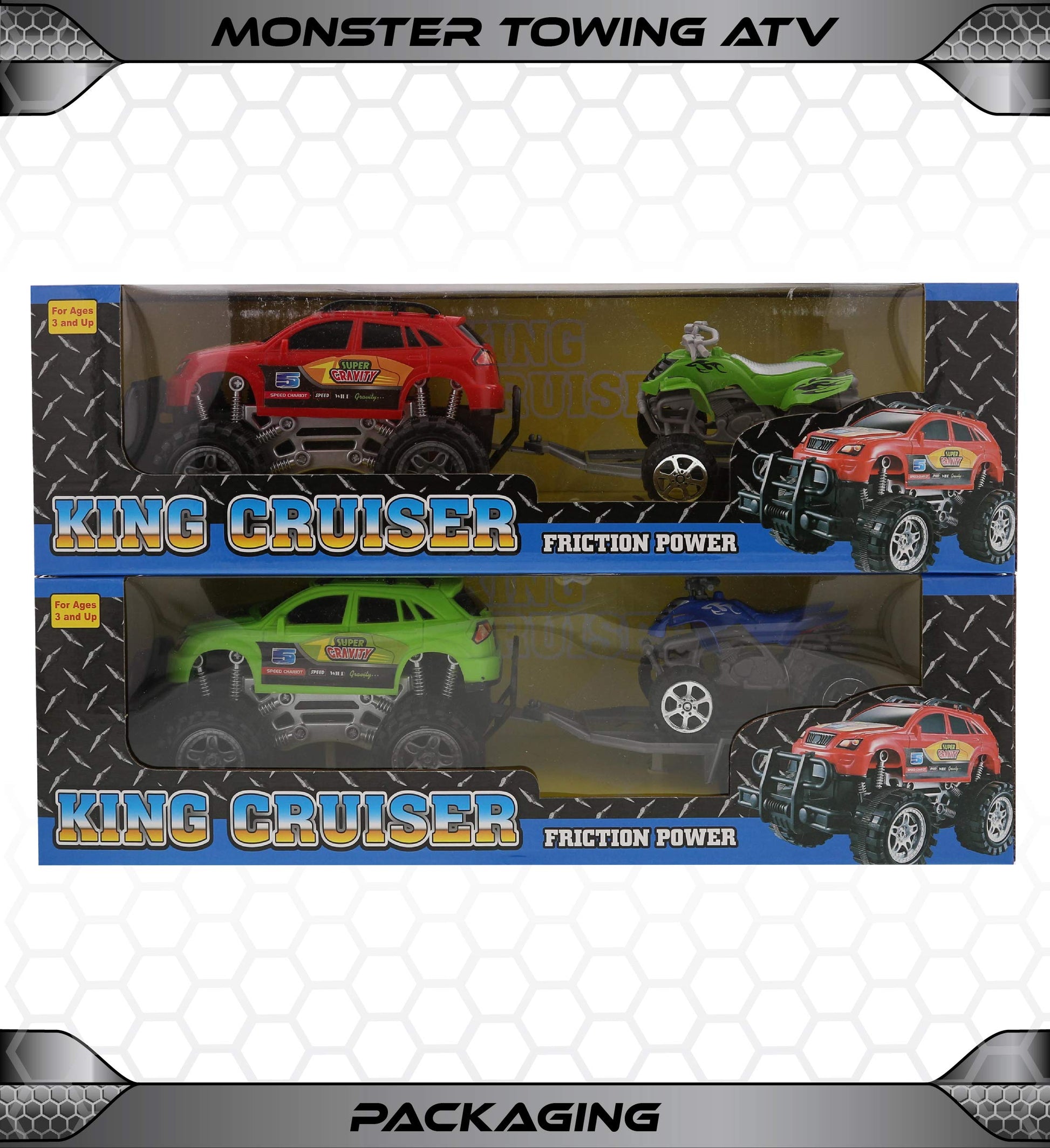 Mozlly Friction Powered Monster Trucks with SUV Towing ATV Trailers - 2 Sets of Monster Truck Toys with Removable Hook Up ATV Towing Trailers Toy