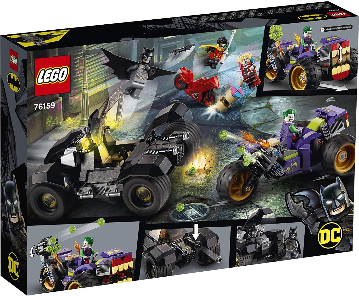 LEGO DC Batman Joker's Trike Chase 76159 Super-Hero Cars and Motorcycle Playset, Mini Shooting Batmobile Toy, for Fans of Batman, Robin, The Joker
