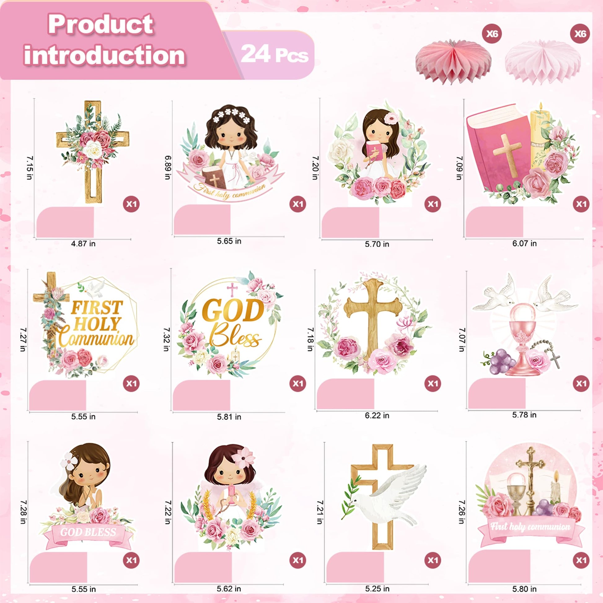 24Pcs First Communion Decorations for Girls - Pink Floral Baptism Centerpieces for Tables Baptism Decorations Honeycomb Centerpiece Double Sided Table