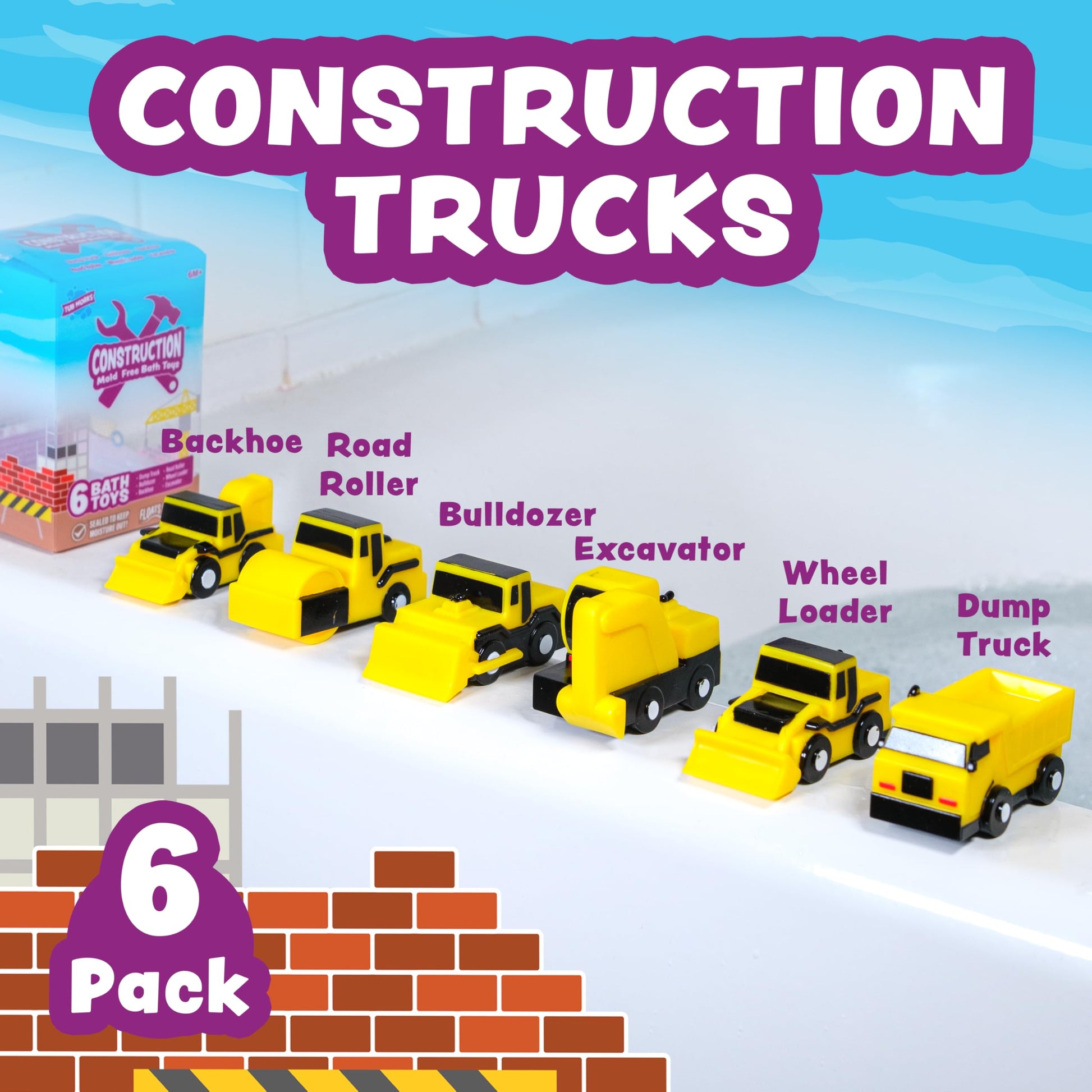 Tub Works® Construction™ Trucks Mold Free Bath Toys, 6 Pack | Sealed, No Hole Bath Toys Design Keeps Moisture Out | Soft, Squeezable & Float on Water