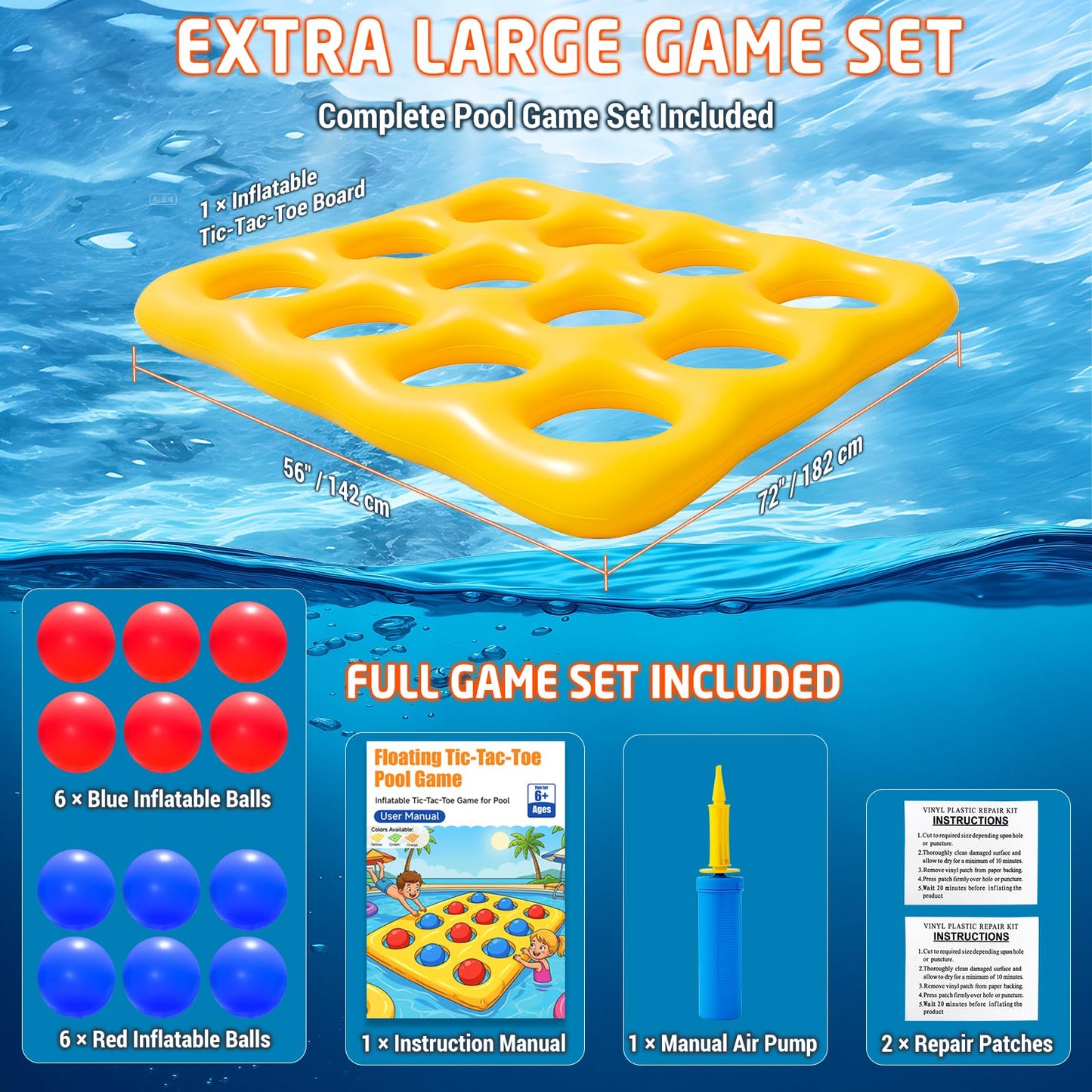 Feyichi Pool Toys, Pool Tic Tac Toe Game Set with 12 Inflatable Balls, Pool Games for Kids/Adults/Teens, Outdoor Water Games, Suitable Pool Beach