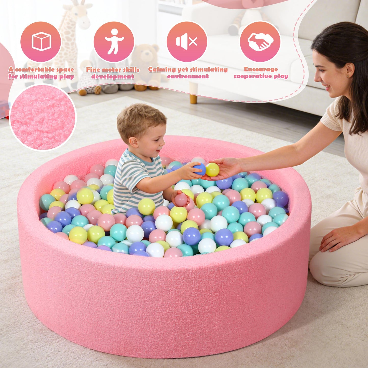 Imitation Teddy Foam Ball Pits 35.4"x 11.8" Soft Round Playpen for Toddlers and Pets with Soft Memory Sponge for Babies Indoor and Outdoor Game Pink