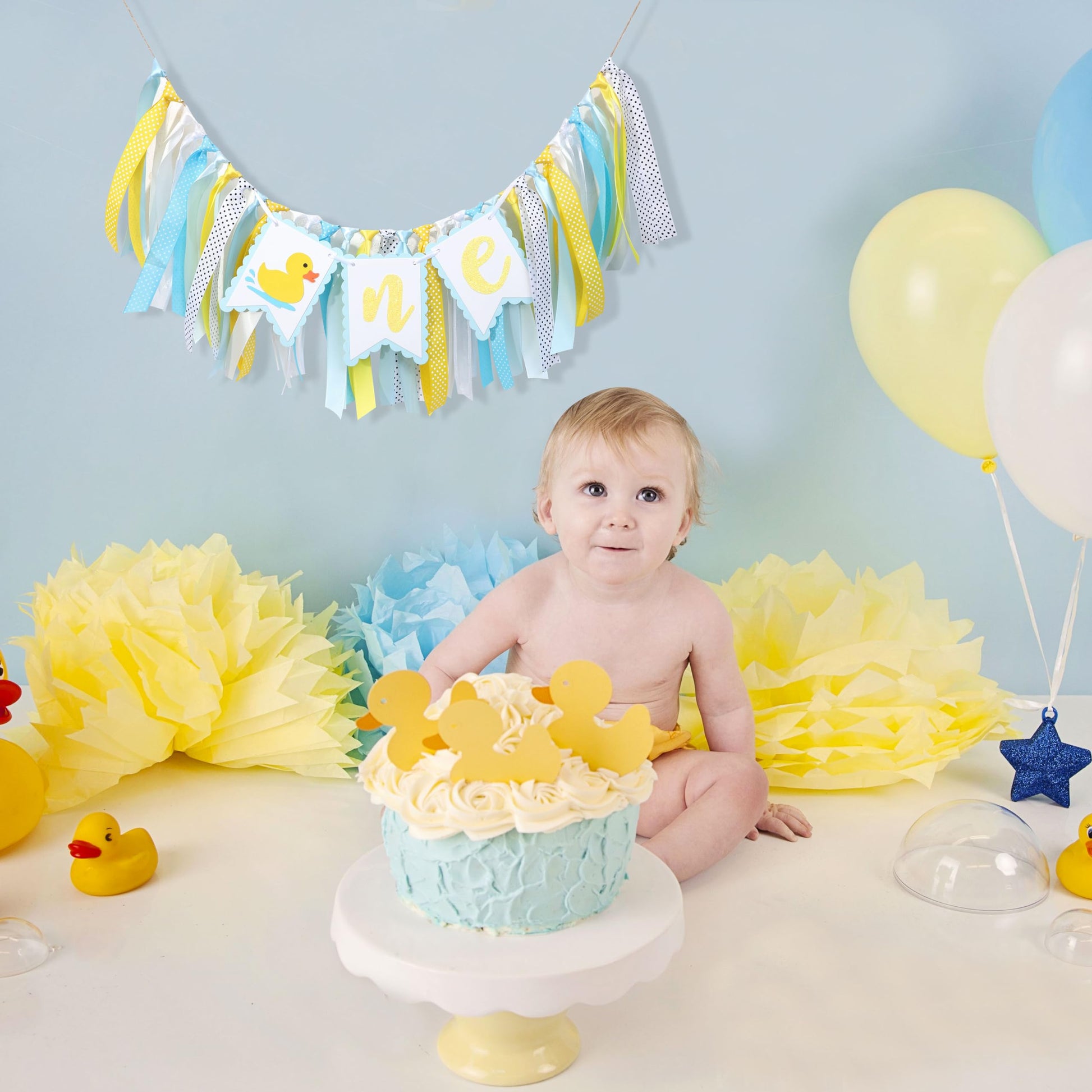 Rubber Ducky High Chair Banner - Rubber Duck Decoration, Boys Birthday Banner, Light Blue Summer Birthday Decor