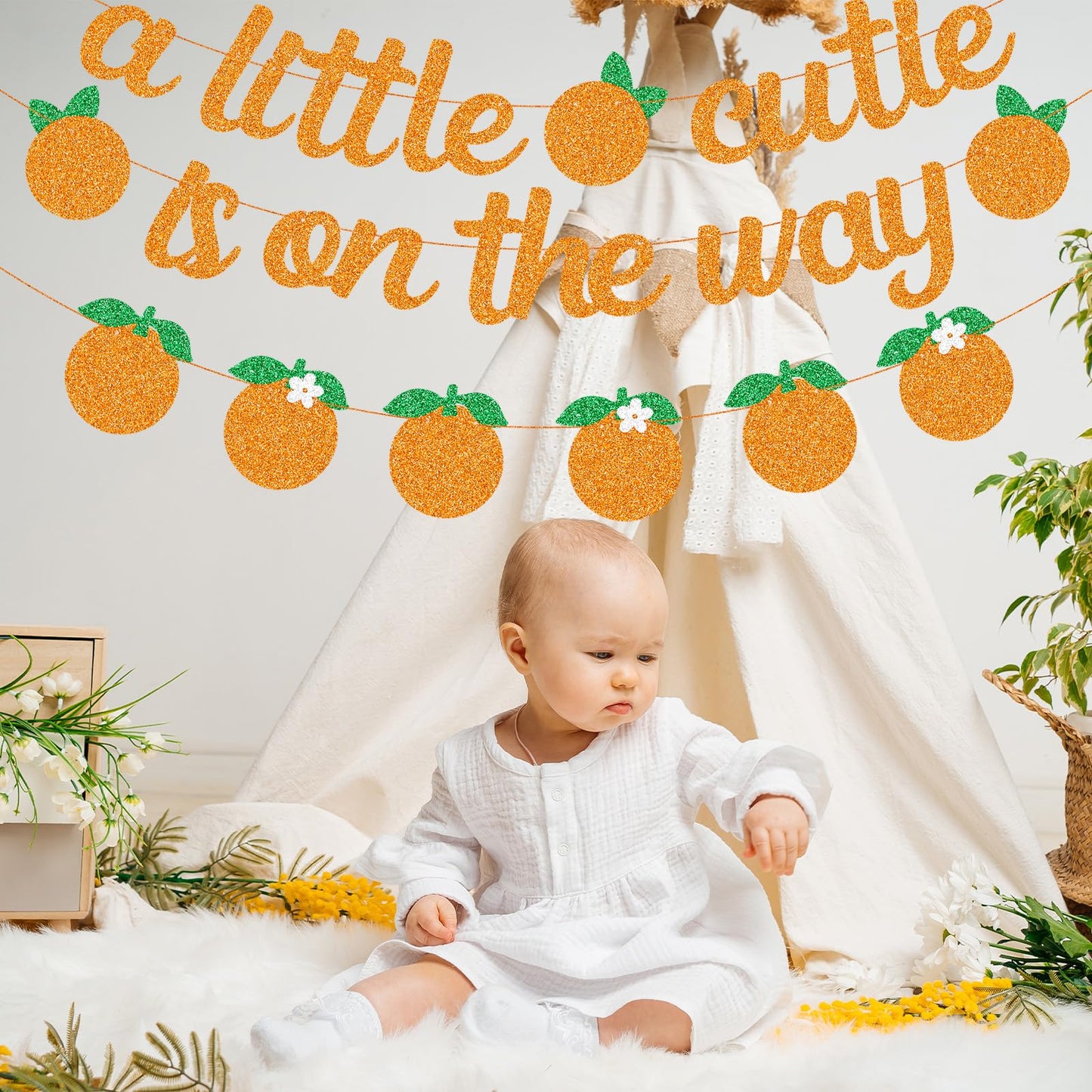 Glitter "A Little Cutie Is On The Way" Banner with Citrus Garland, Orange Fruit Baby Shower Decoration, Tangerine Themed Gender Reveal Summer Photo
