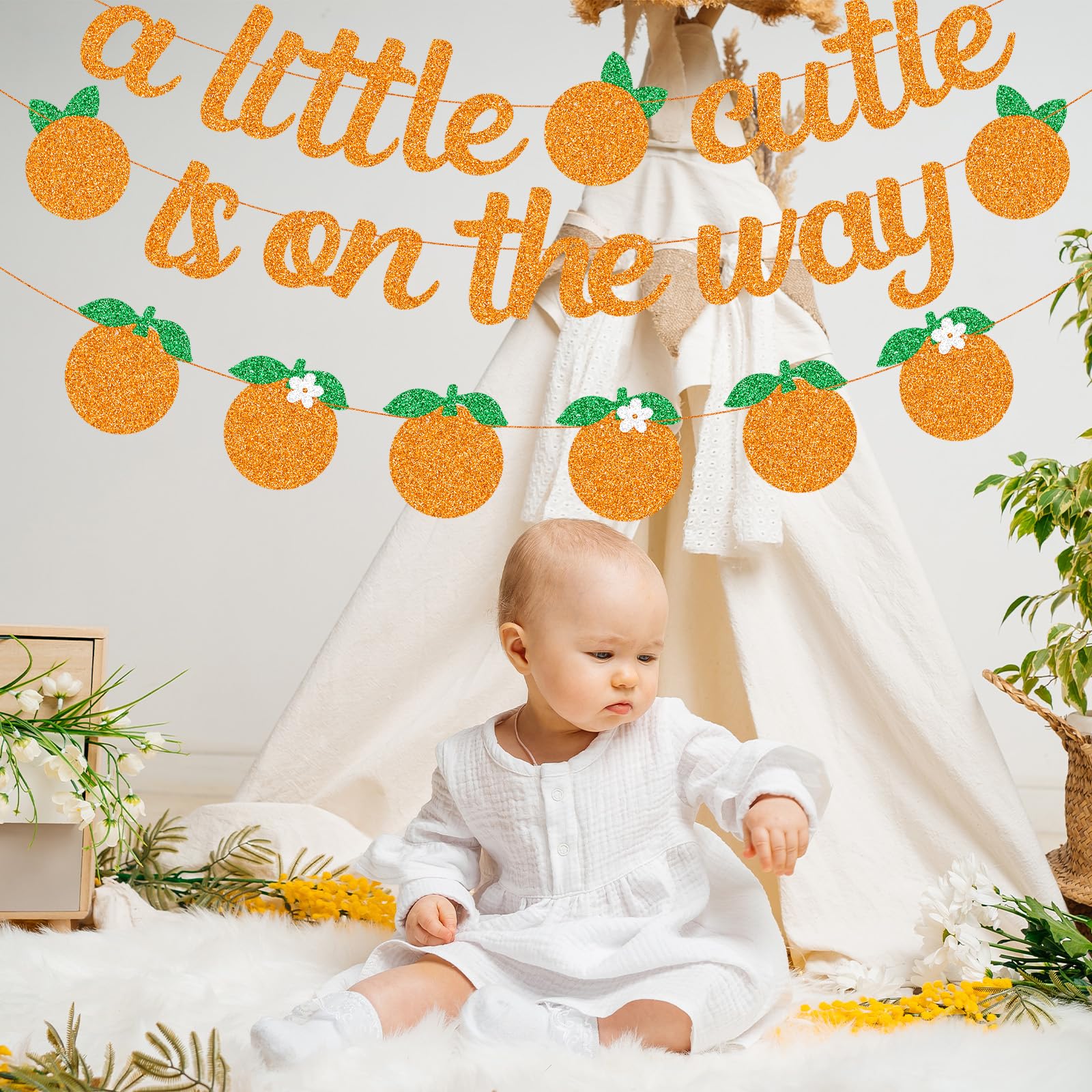 Glitter "A Little Cutie Is On The Way" Banner with Citrus Garland, Orange Fruit Baby Shower Decoration, Tangerine Themed Gender Reveal Summer Photo