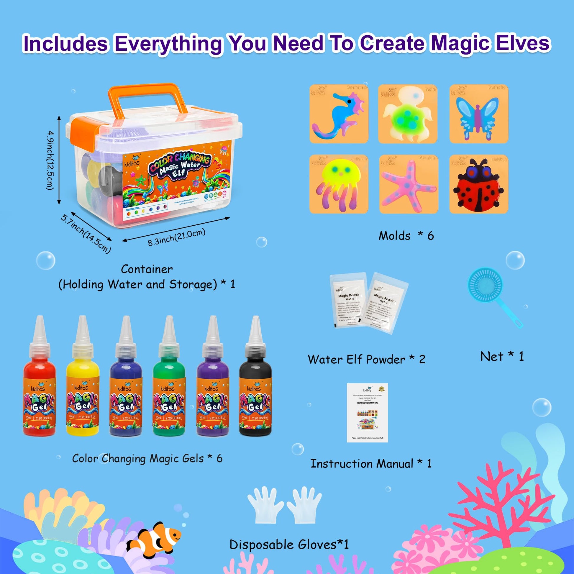 Kiditos Color Changing Magic Water Elf Toy Kit, Magic Aqua Fairy Water Gel Kit with 6 Color Changing Gels and 6 Molds. Christmas Gifts, Birthday