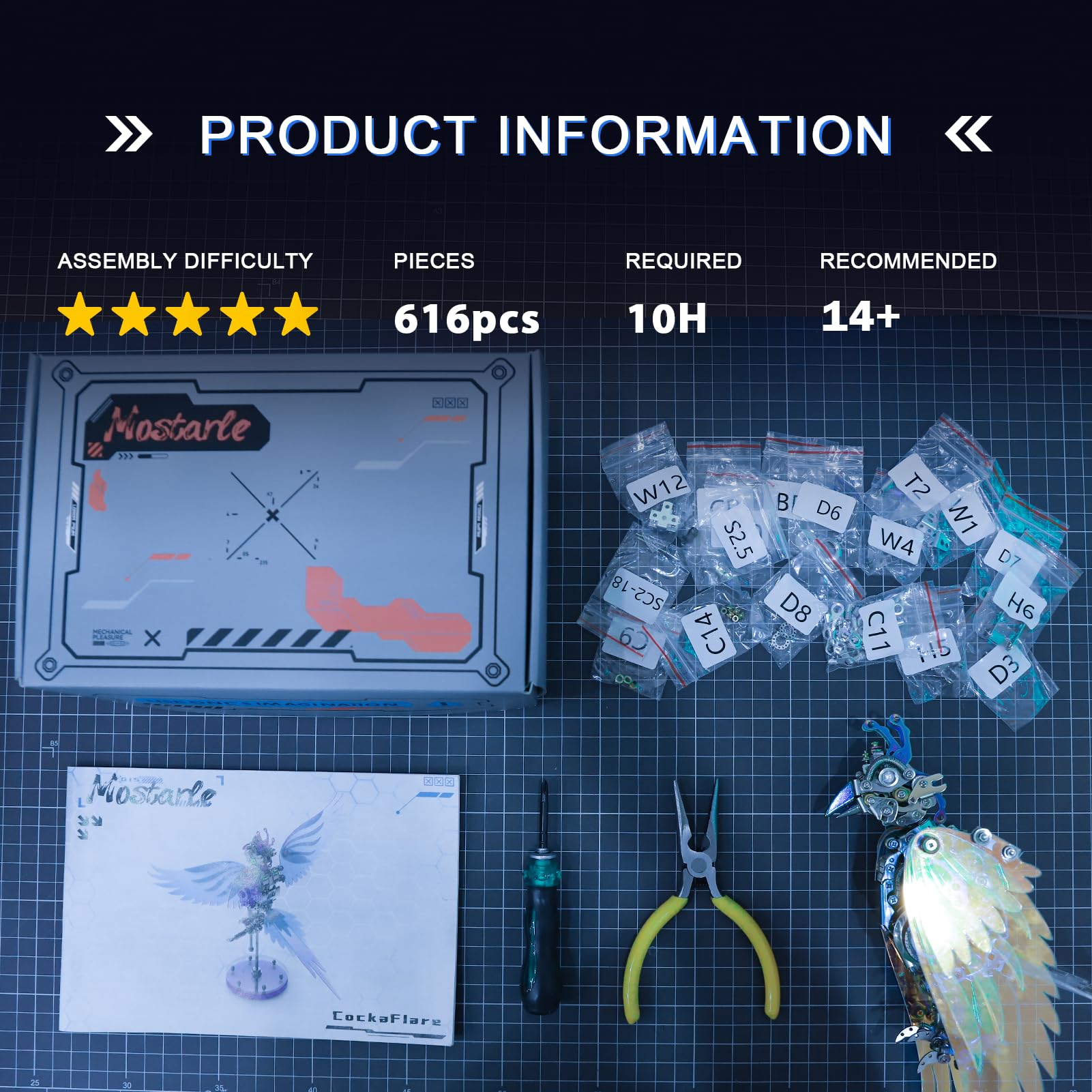 Arcynix Mostarle CockaFlare 3D Metal Mechanical Bird Puzzle Kit, 616 Pieces, Cyberpunk Style with LED Lights, Movable Wings, DIY Model for Adults