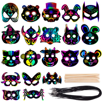 Animal Scratch Masks for Kids, 52 Pcs Rainbow Magic Scratch Paper Masks, DIY Animal Scratchs Paper Mask Art Set for Kids Birthday Party Favors