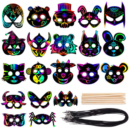 Animal Scratch Masks for Kids, 52 Pcs Rainbow Magic Scratch Paper Masks, DIY Animal Scratchs Paper Mask Art Set for Kids Birthday Party Favors