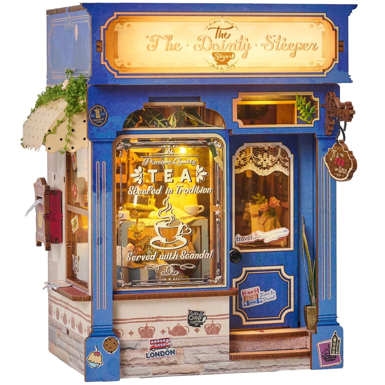 Book Nook Kit - DIY Miniature British Tea House, 3D Wooden Puzzle Dollhouse with LED Lights, Tiny Bookend & Creative Bookshelf Decor, Birthday