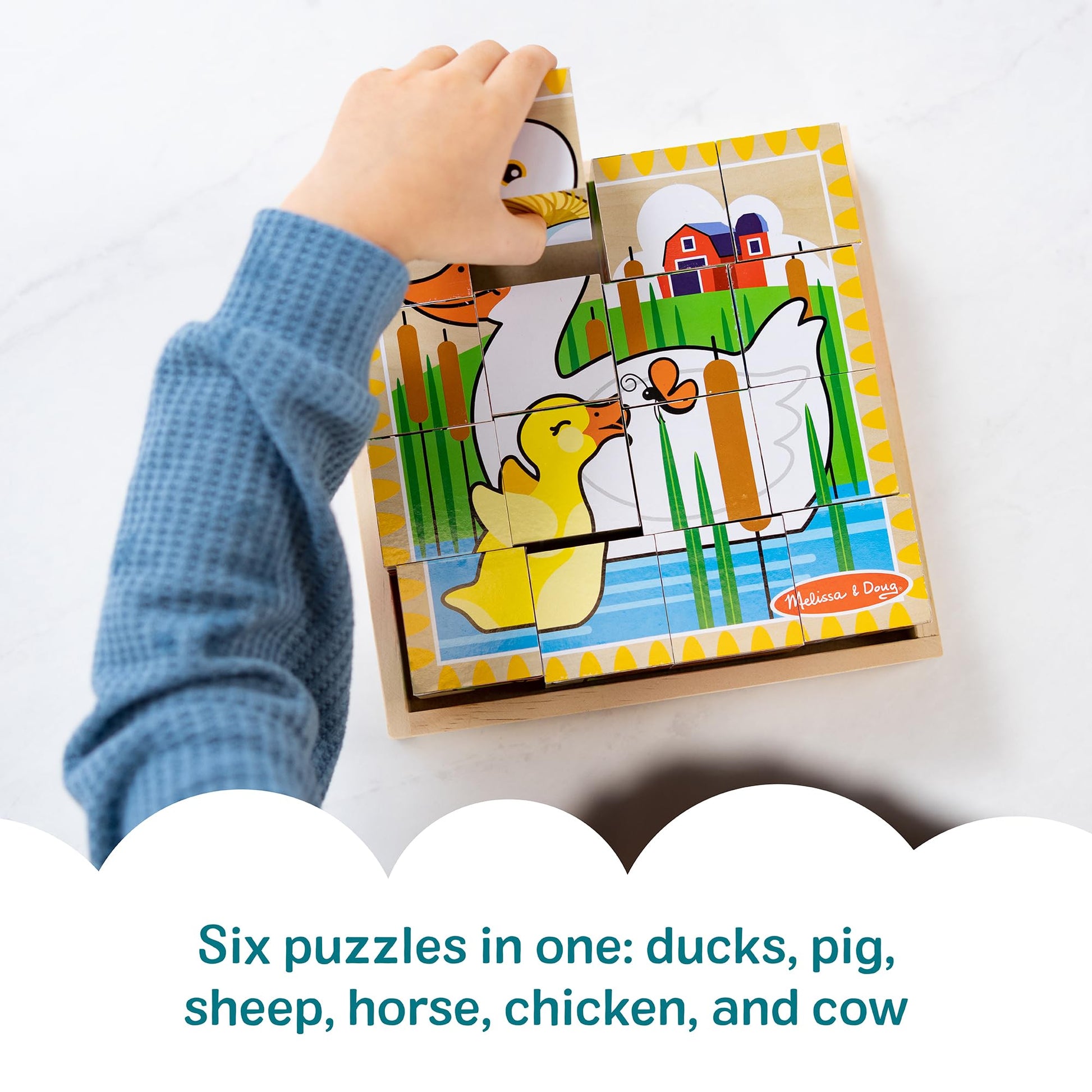 Melissa & Doug Farm Wooden Cube Puzzle with Storage Tray - 6-in-1 Animal Puzzle for Toddlers and Preschoolers - 16 Wooden Cubes - Farm Toy for Kids
