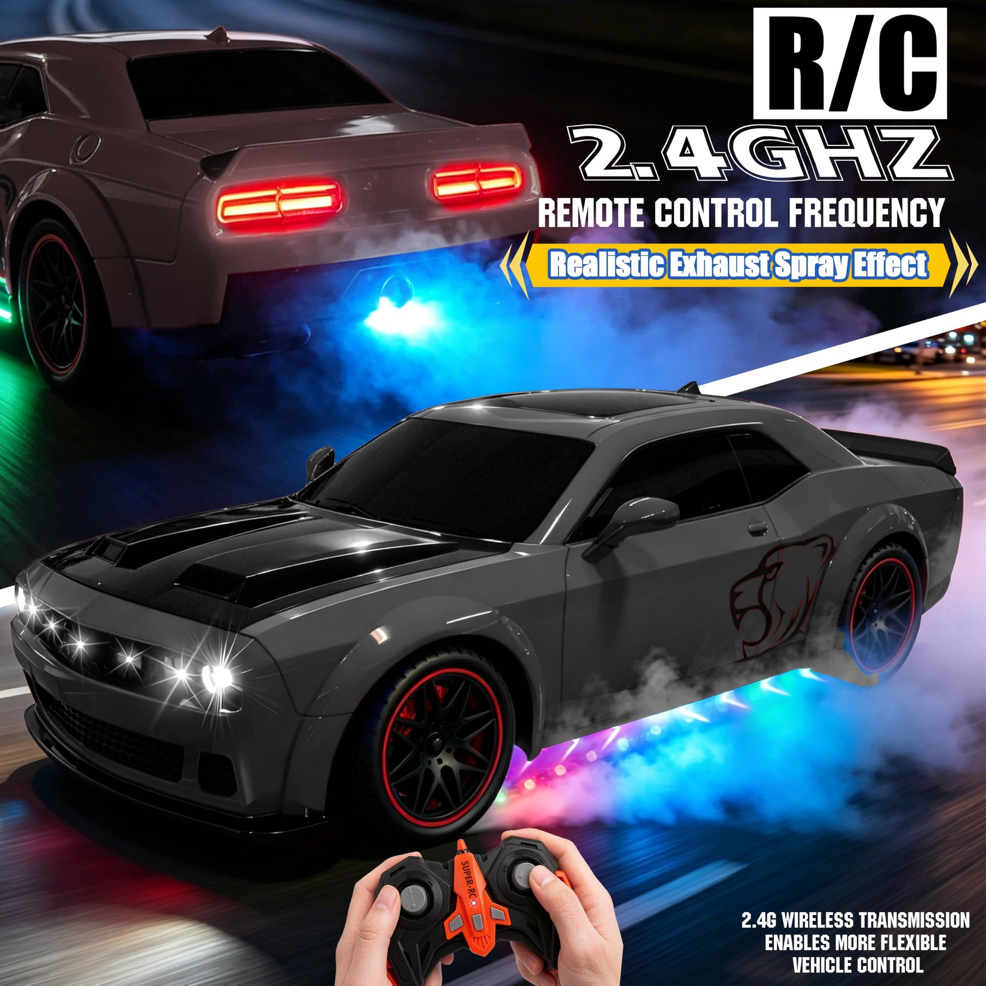 SYUUKH Remote Control Car 1:14 Scale RC Cars with Spray Effect, LED Lights & Realistic Sound, 2.4GHz Racing Toy with Controller, Christmas Birthday