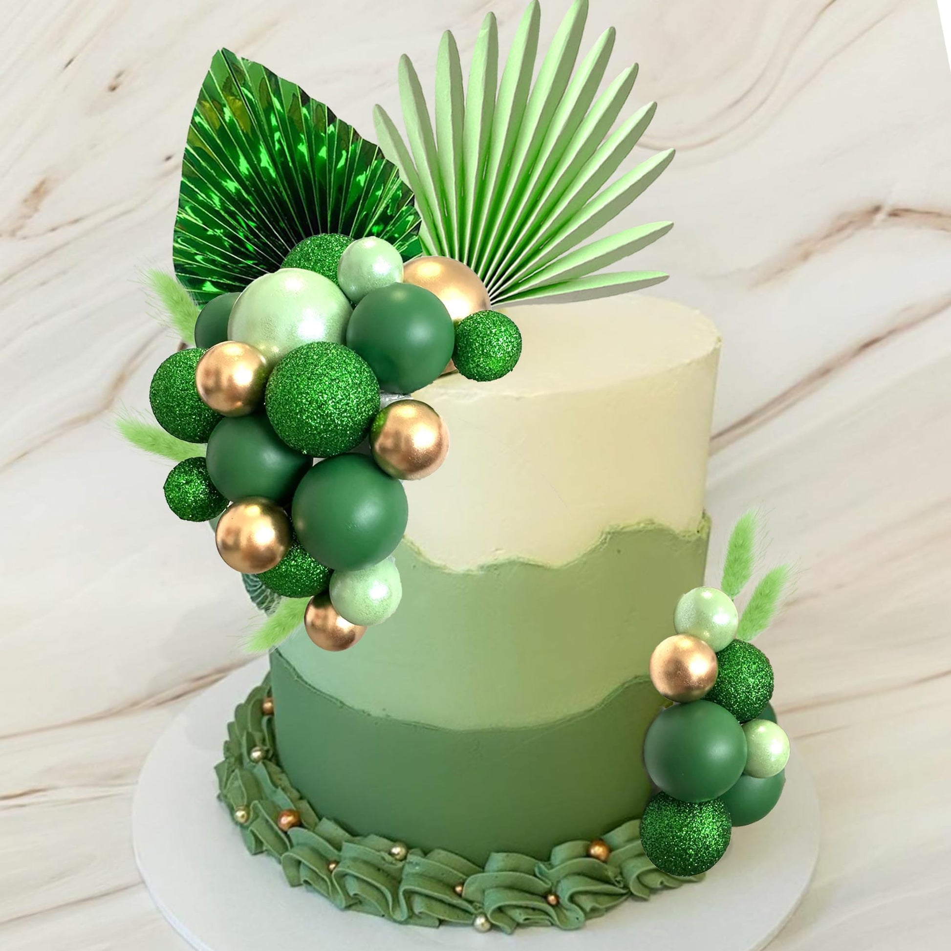 38 PCS Balls Cake Toppers Palm Leaves Cake Decorations for Birthday Wedding Baby Shower Party Supplies (Green)