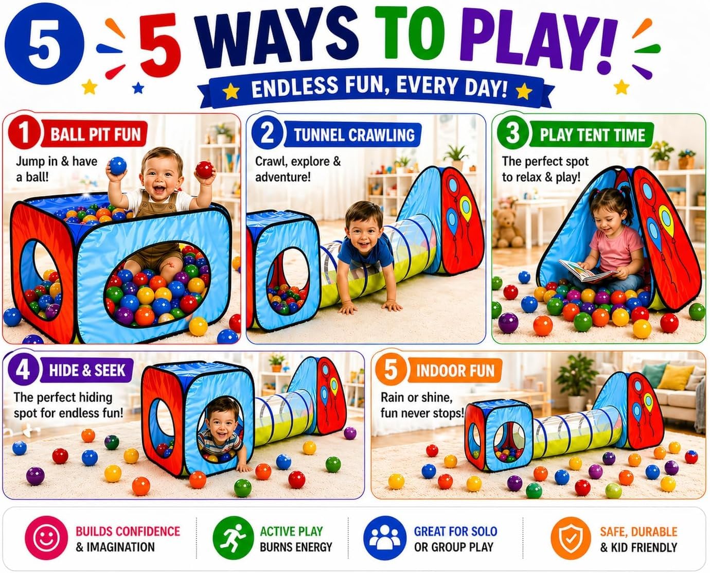 Kiddey Tunnel and Ball Pit Play Tent | 3pc Pop Up Toddler Gym Tunnels with Tents for Kids, Toddlers, Infants Boys & Girls | Indoor & Outdoor Gift Game