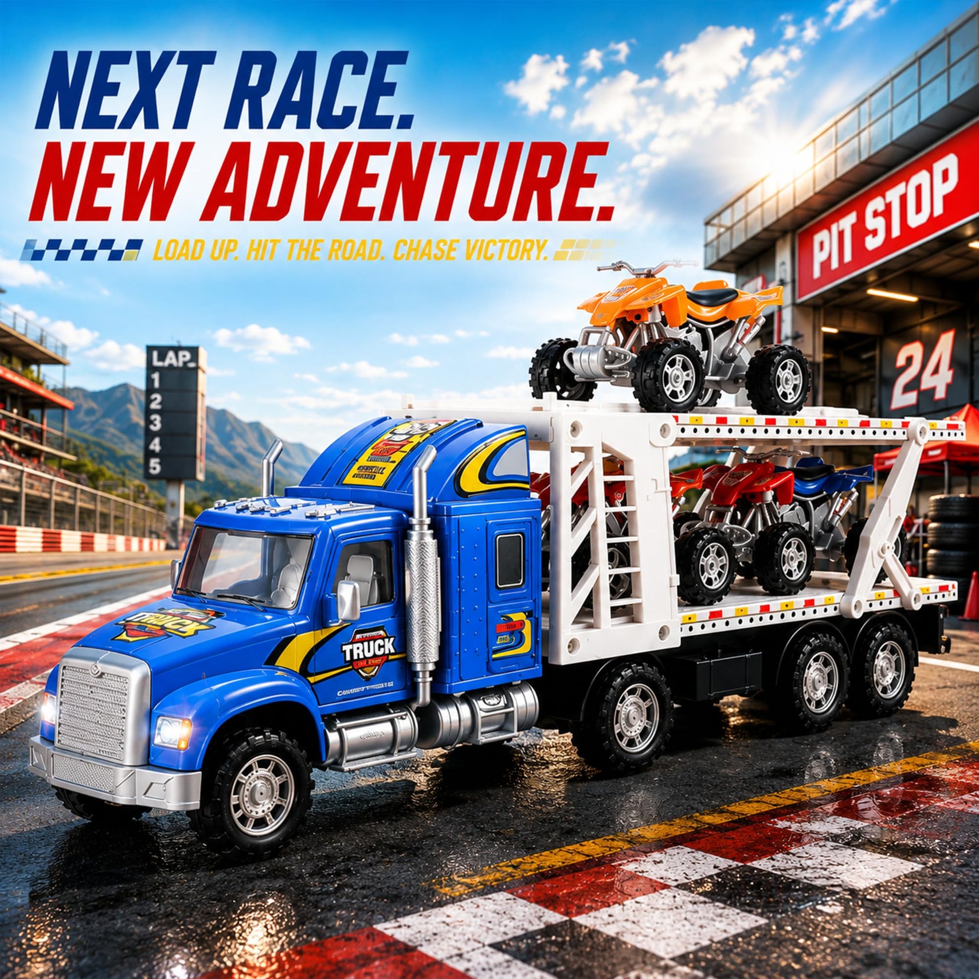 Liberty Imports Auto Hauler Big Rig Toy Semi Truck Car Carrier Transporter Trailer 1:48 Scale Friction Powered Wheeler Vehicle with 4 ATVs Dirt Bike