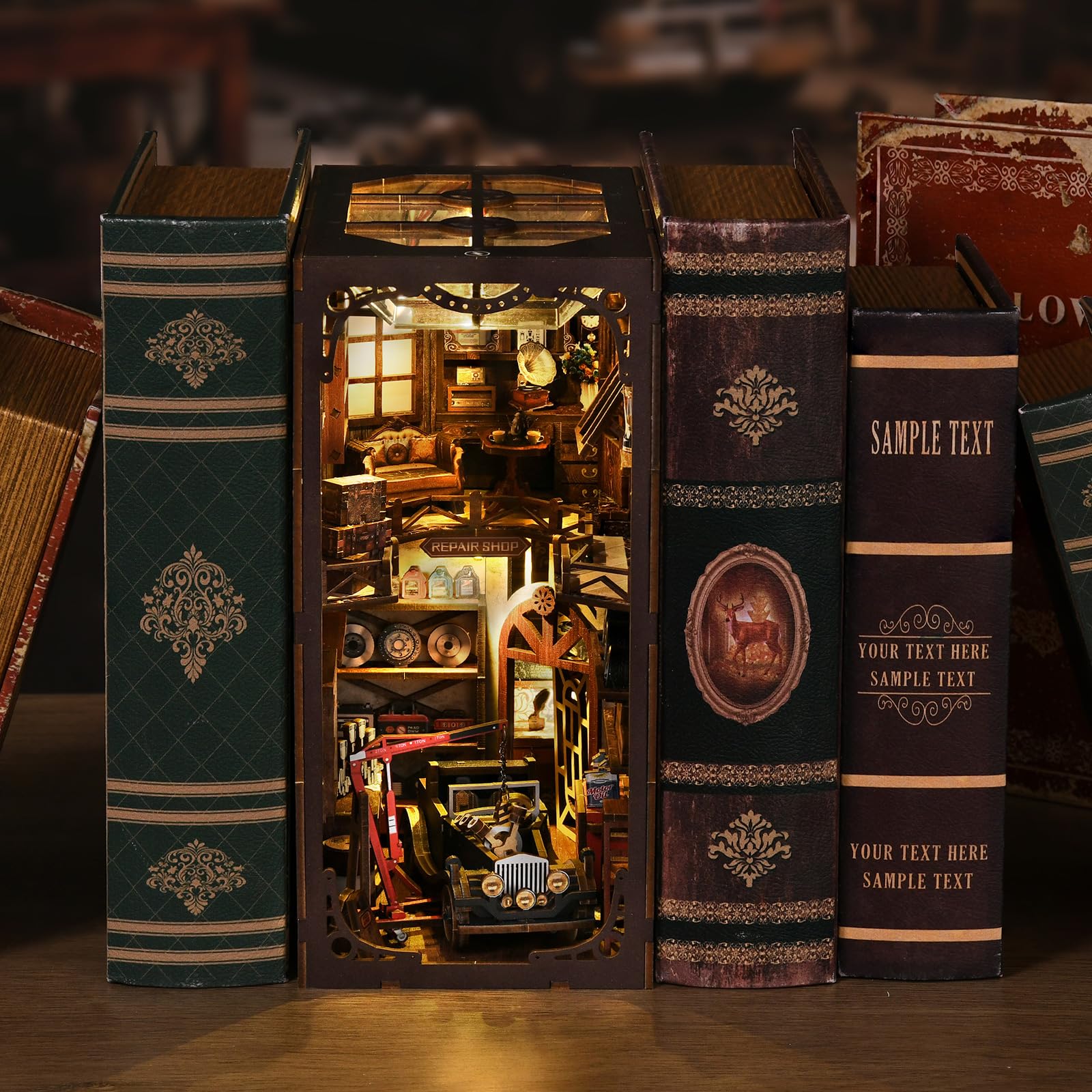 qpdbookpd Book Nook Kits, for Adults - DIY Miniature Bookshelf Insert with LED Lights, Creative Craft Book Nook Kits for Adults(Craftsmanship Repair