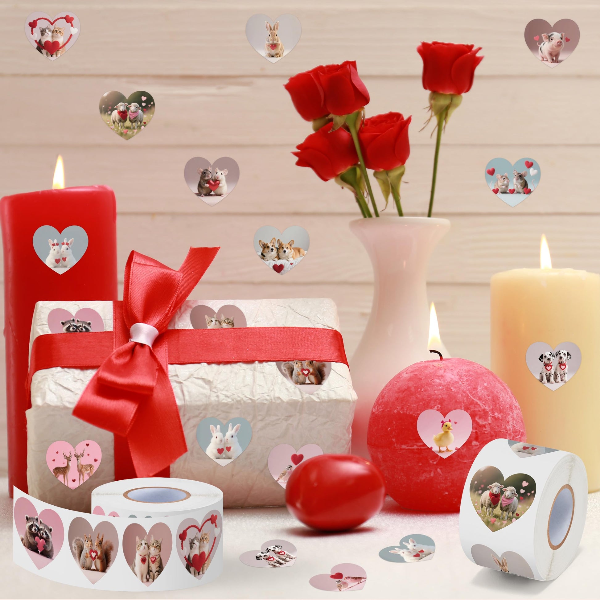DSjuedui Romantic Realistic Animal Roll Stickers - 1000Pcs Cute Cat Dog Rabbit Sheep Heart Self Adhesive Stickers for Kids, Heart Shape Animal Vinyl
