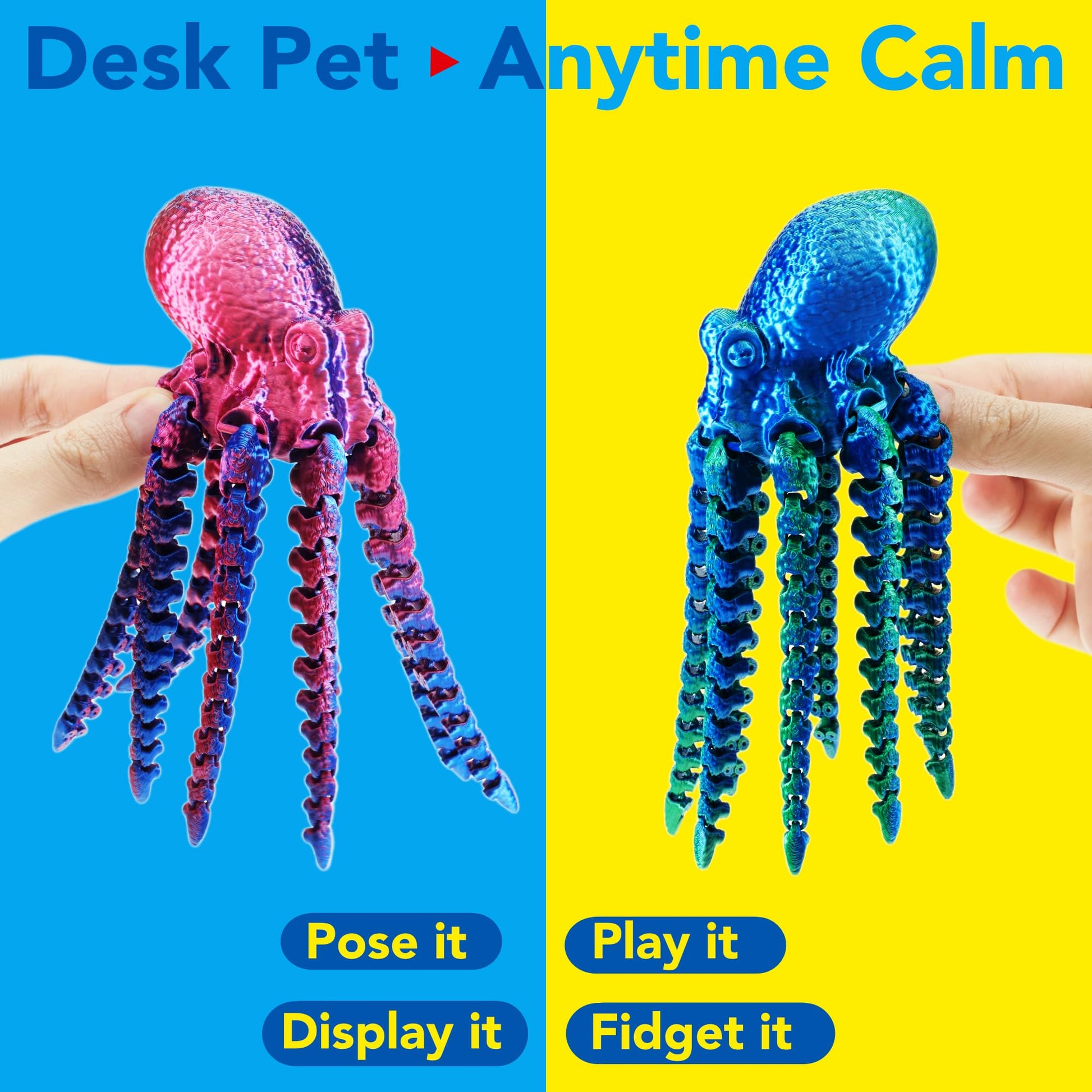 Maxdecoer Articulated 3D Printed Octopus Figure, Flexible Poseable Sea Creature, Desk Decor Fidget Toy, Collectible Animal Figurine Gift (Iridescent