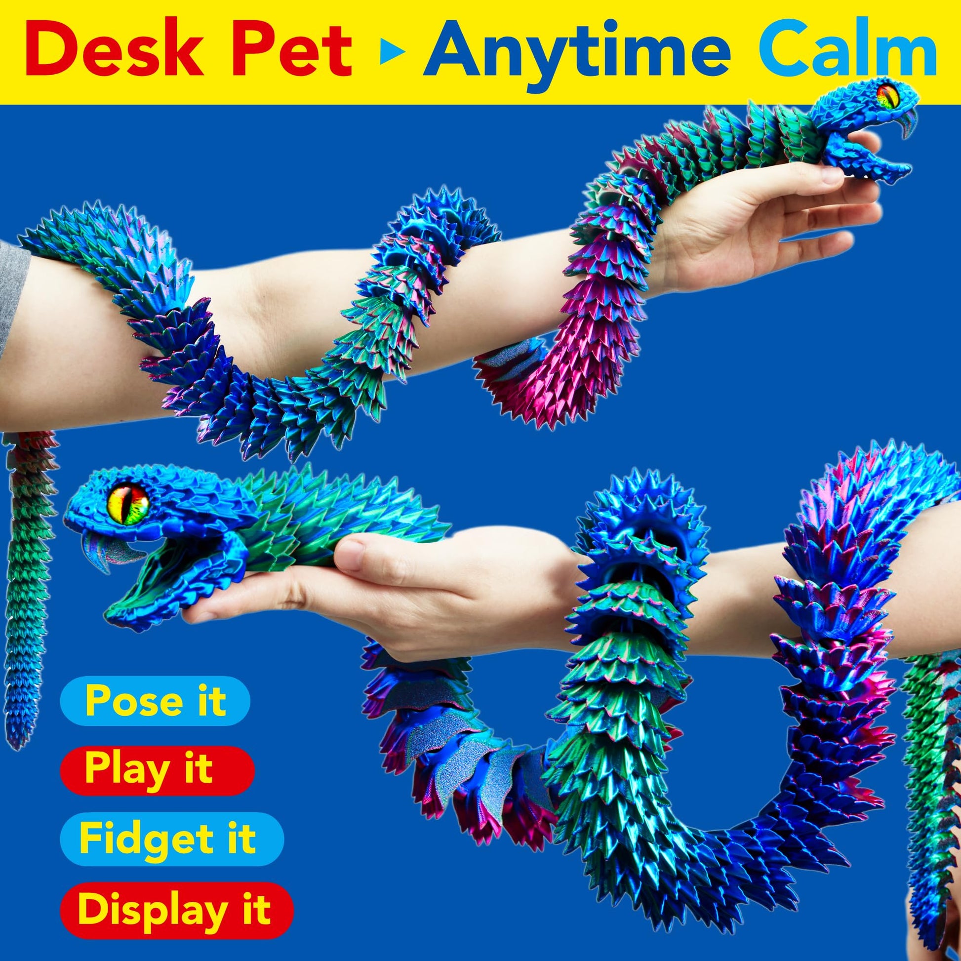Maxdecoer 48.8" Articulated Snake Toy, 3D Printed Flexible Jointed Serpent, Openable Jaw & Movable Teeth, Color-Shift Desk Fidget, Reptile Decor