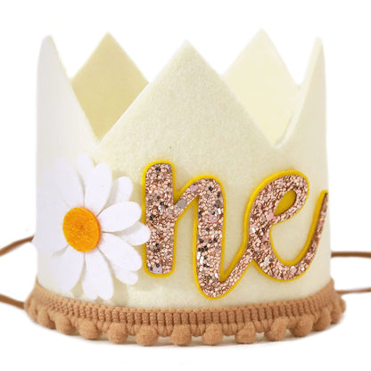 Agkvw Daisy 1st Birthday Crown - Groovy Hippie Style Costume Headwear, Felt Cloth, Handmade, Reusable, Velcro and Elastic Bands, Cream Brown