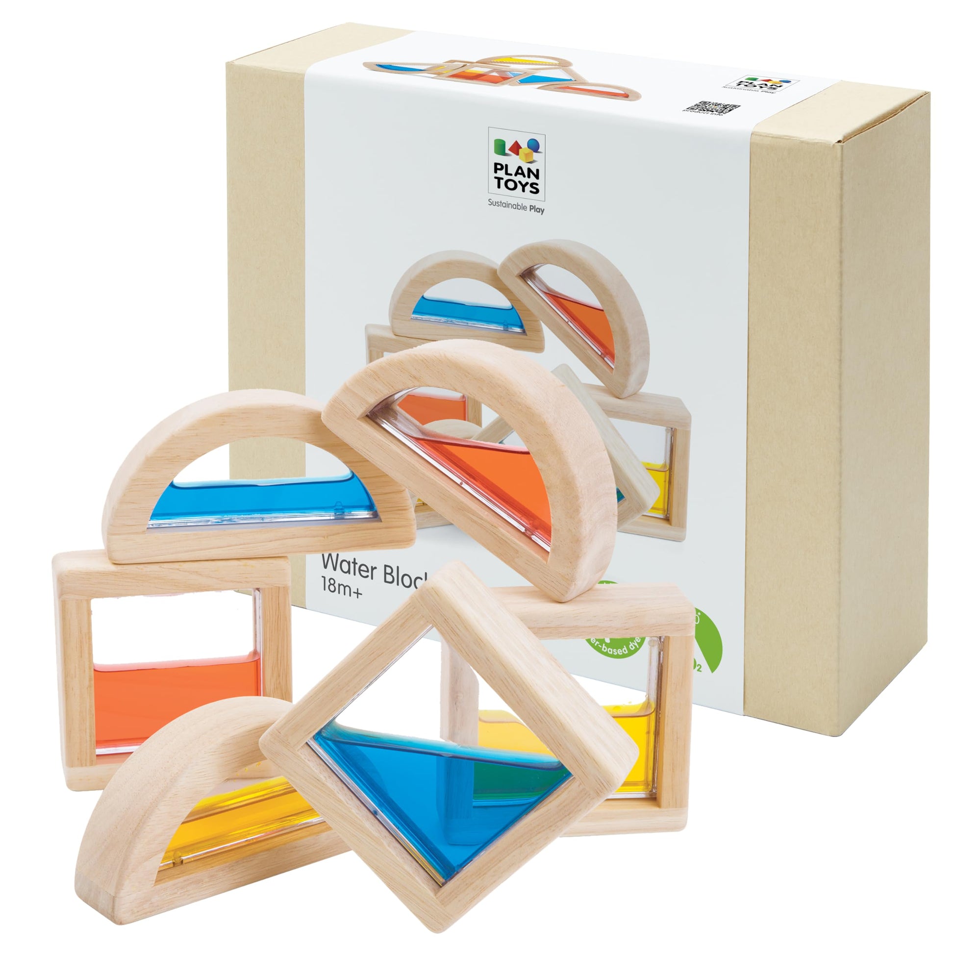 PlanToys® Water Blocks Wooden Montessori Sensory and STEM Building Toy | Light, Colour, Creativity and Fine Motor Skill Development | Eco Friendly
