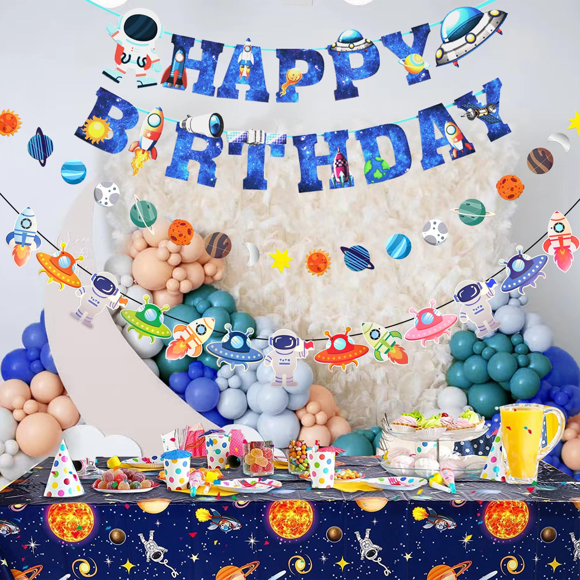 Outer Space Party Decorations - Space Theme Supplies with Happy Birthday Banner Solar System Tablecloth for Galaxy Party Decor (Tablecloth+Flag