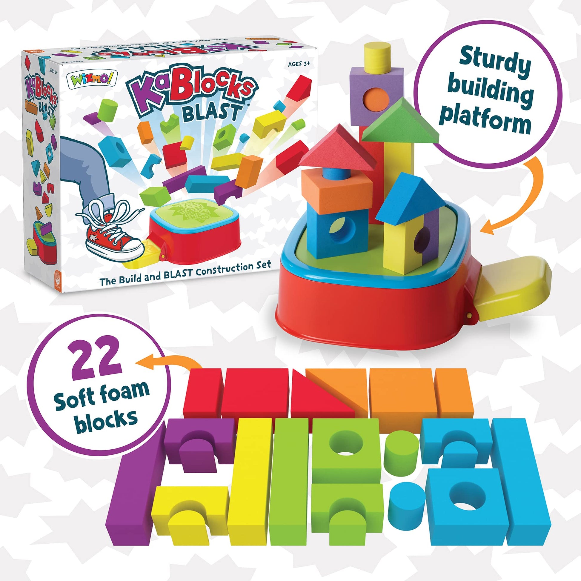 MindWare KaBlocks Blast, Includes 30 Foam Blocks, 2 Launch Blocks, Building Platform & Kaboom Launch Pad - Ages 3+